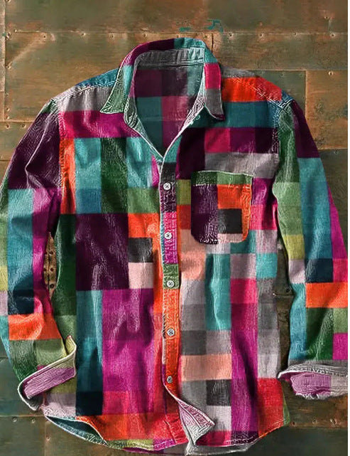 Retro Color Matching 3D Printed Men's Long Sleeve Button Shirt