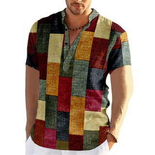 Men's Linen Fashion Plaid Sleeve Shirt Top