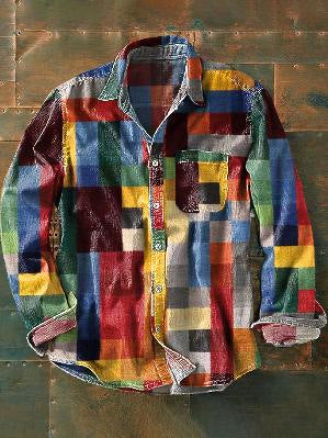 Retro Color Matching 3D Printed Men's Long Sleeve Button Shirt